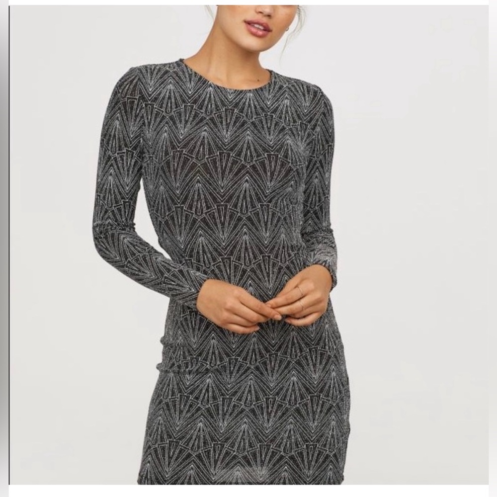 H&M Divided Black and Silver Bodycon Long Sleeve Glitter Party Dress